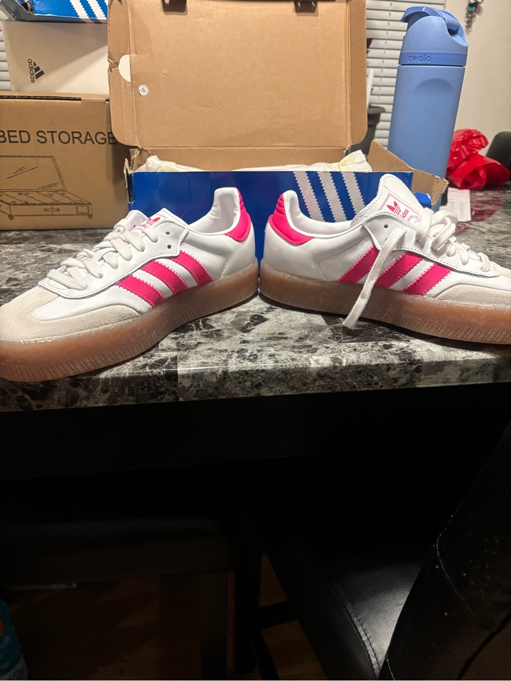 adidas Kids White Sneakers with Pink Stripes and Gum Sole